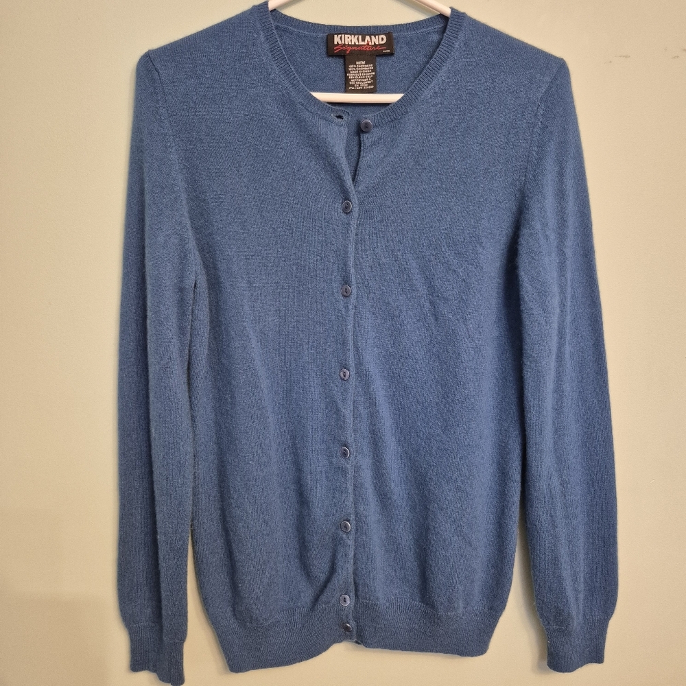 Kirkland Women's Quiet Luxury Preppy Blue Cashmere Cardigan Size Medium